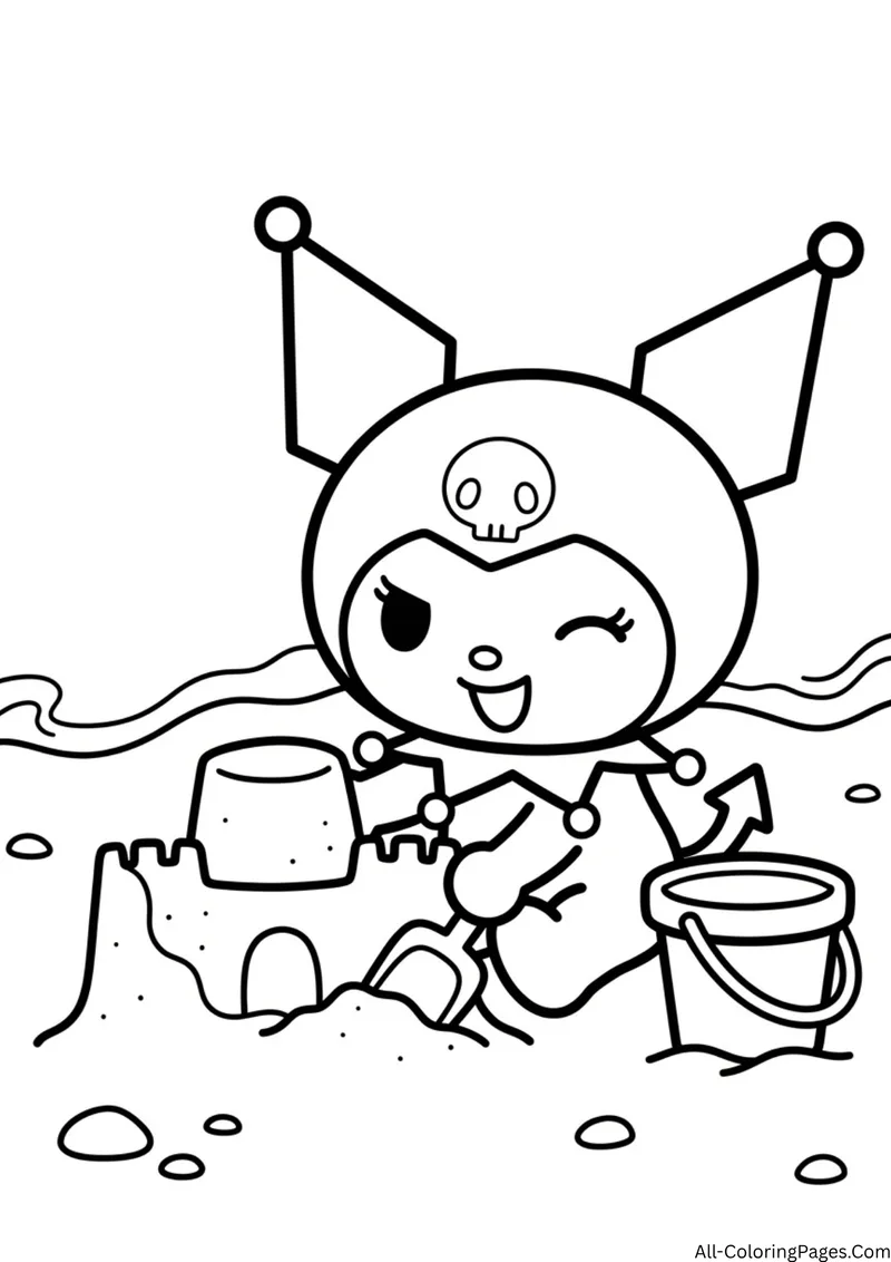 Kuromi building a sandcastle with a bucket and shovel on a beach, with waves and pebbles behind her