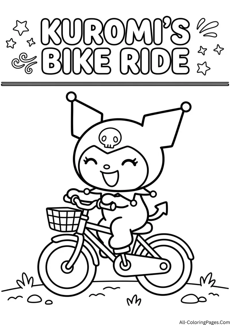 Kuromi riding a bicycle with a front basket on grass, with wind swirls and stars near the title
