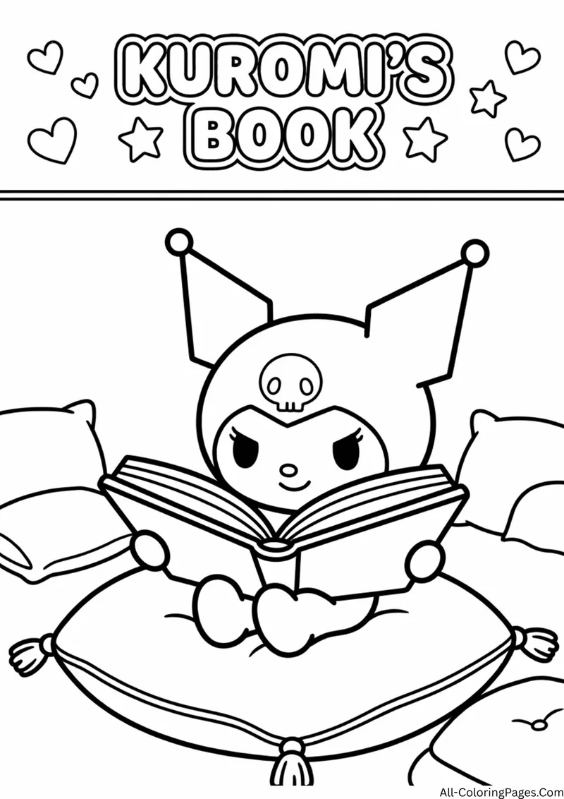 Kuromi sitting on a large pillow reading an open book, with hearts and stars around the title