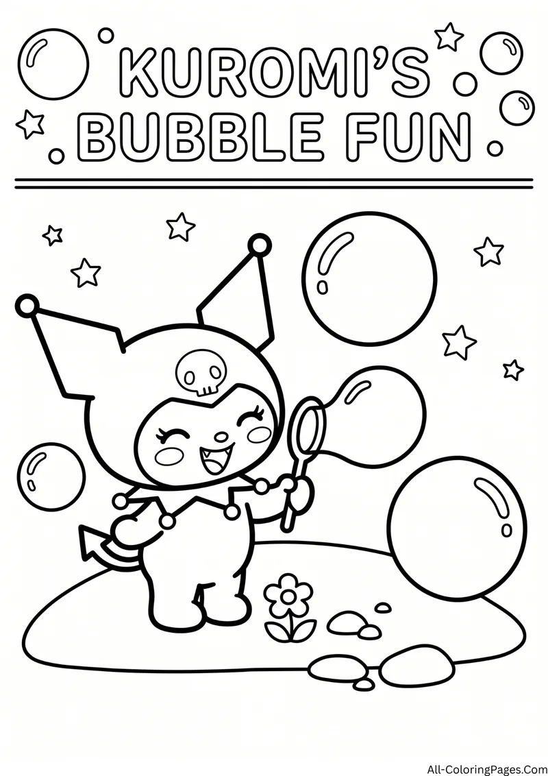 Kuromi holding a bubble wand with large bubbles floating around her and a small flower on the ground