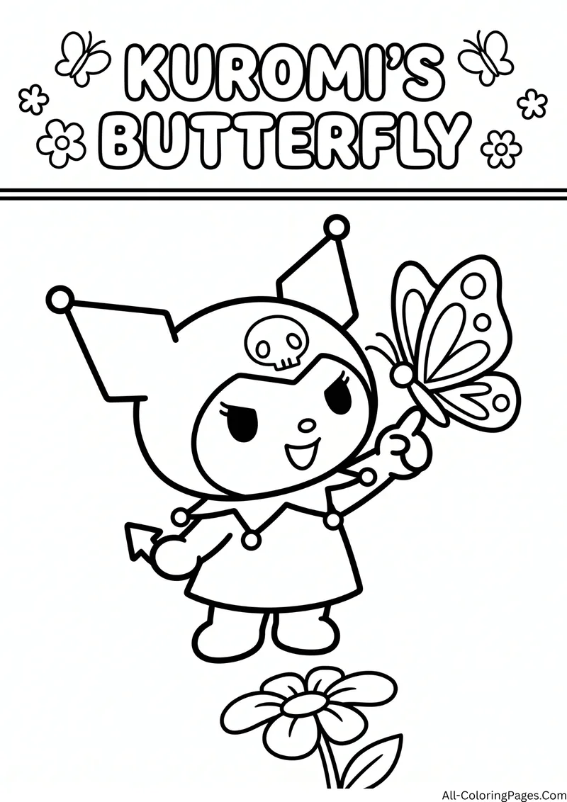 Kuromi holding up a butterfly with a large flower below her and small flowers in the title
