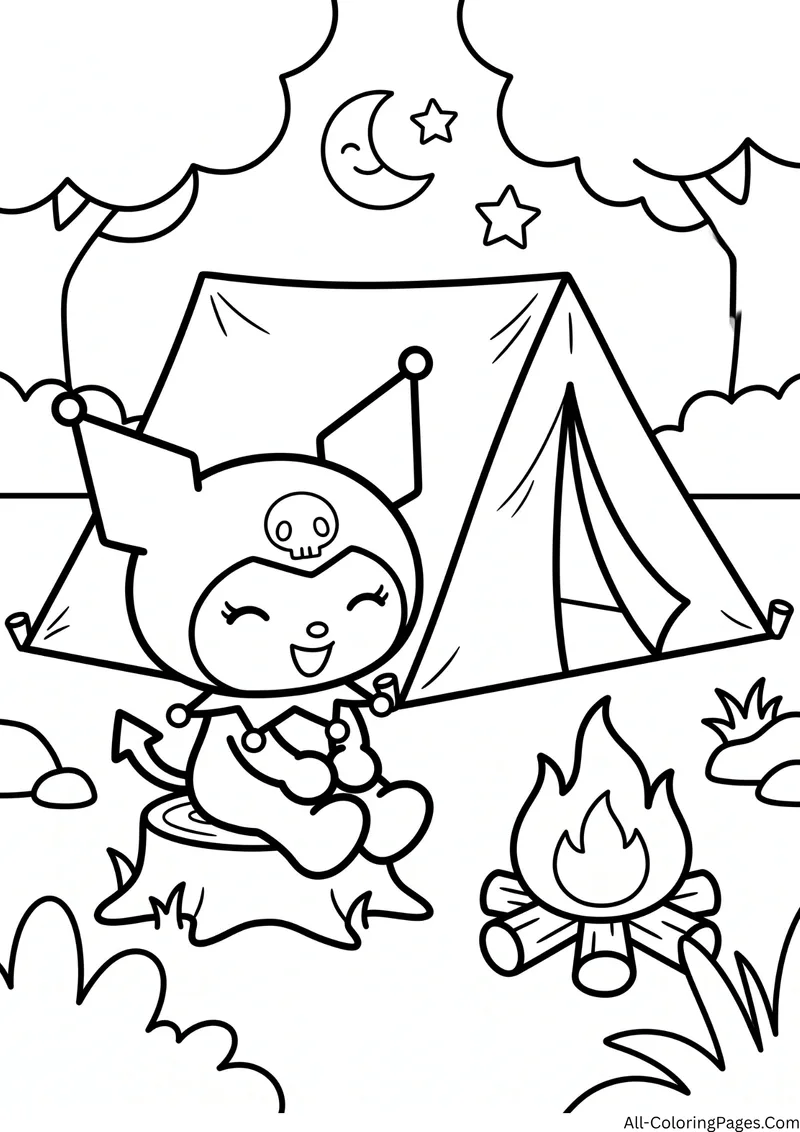Kuromi sitting on a log next to a campfire and a tent, with a crescent moon, stars and trees above