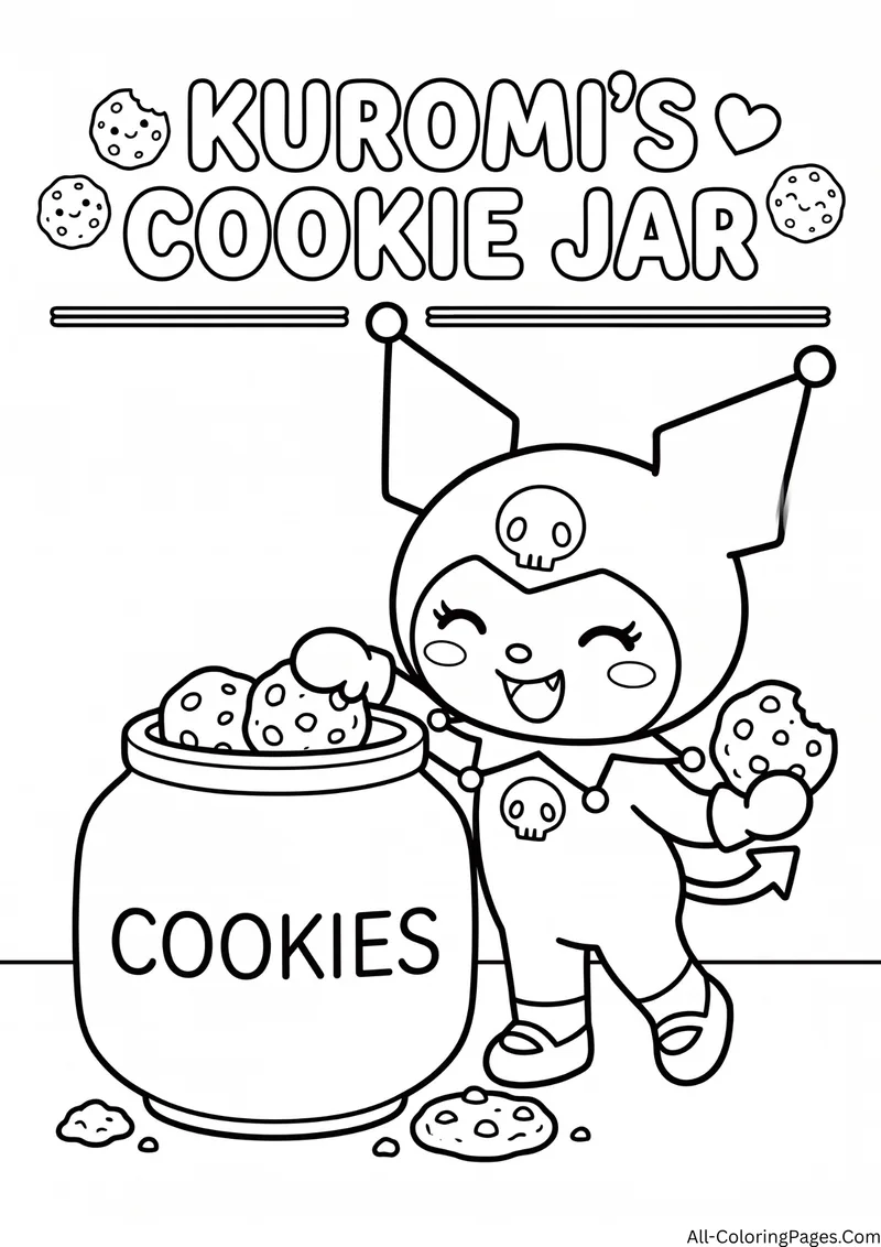 Kuromi taking cookies from a large jar labeled Cookies, with crumbs on the floor