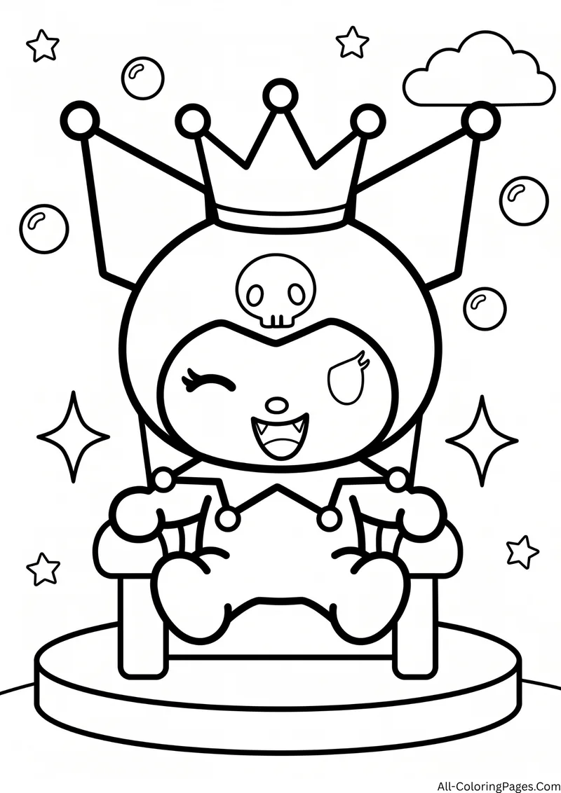 Kuromi wearing a crown and sitting on a throne on a round stage, with sparkles and bubbles around
