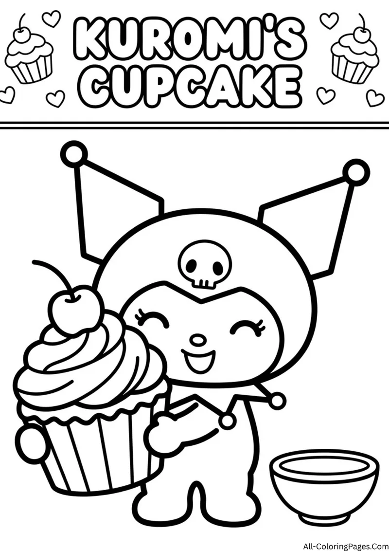 Kuromi holding a giant cupcake with a cherry on top, next to a small bowl, under the title Kuromi's Cupcake