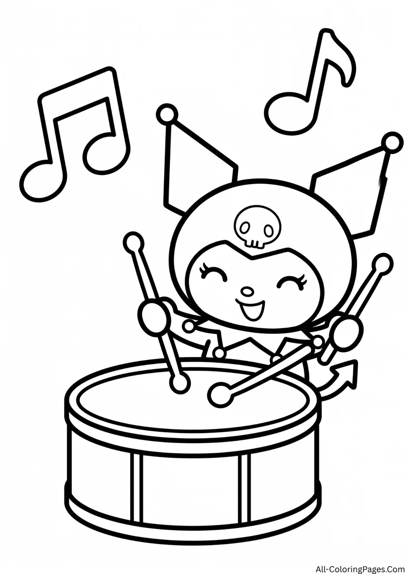 Kuromi playing a large drum with two drumsticks, with music notes above her