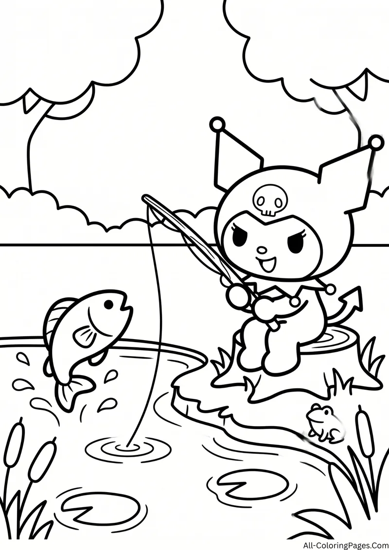 Kuromi fishing from a tree stump at a pond, with a jumping fish, a frog, lily pads and cattails