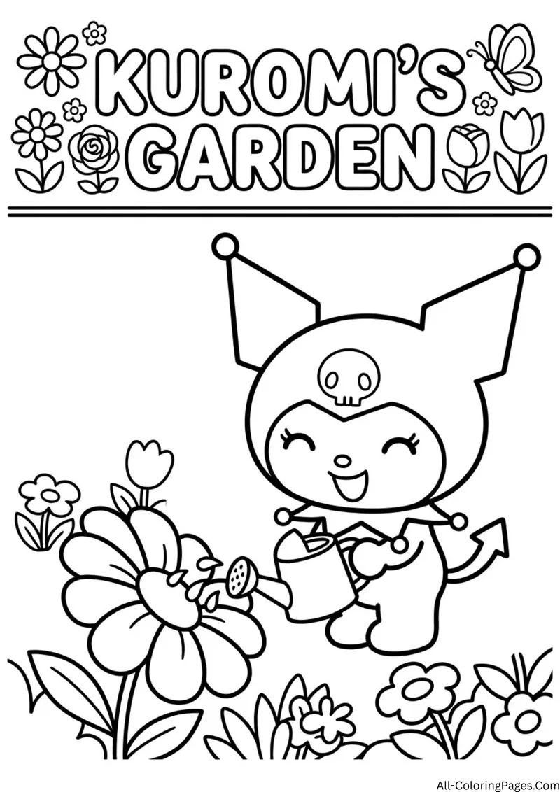 Kuromi watering large flowers with a watering can, under the title Kuromi's Garden with flowers and a butterfly