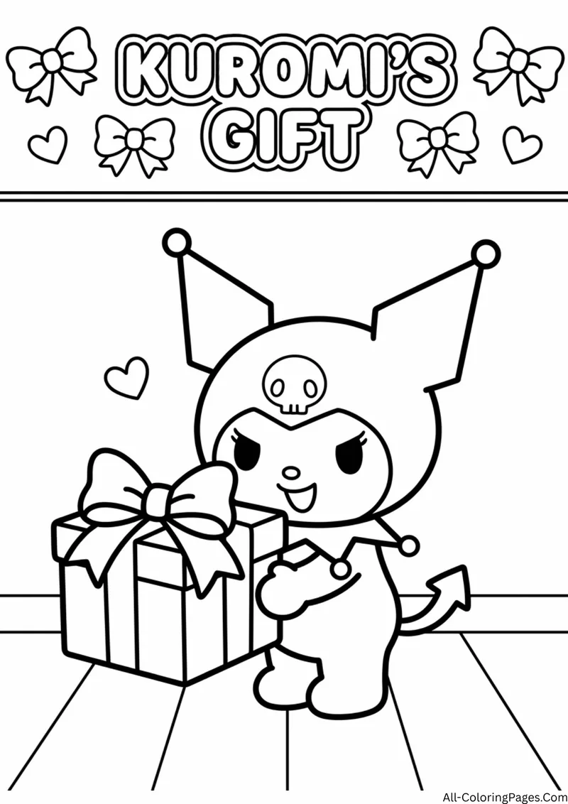 Kuromi standing beside a large wrapped gift box with a big bow, with hearts and bows around the title