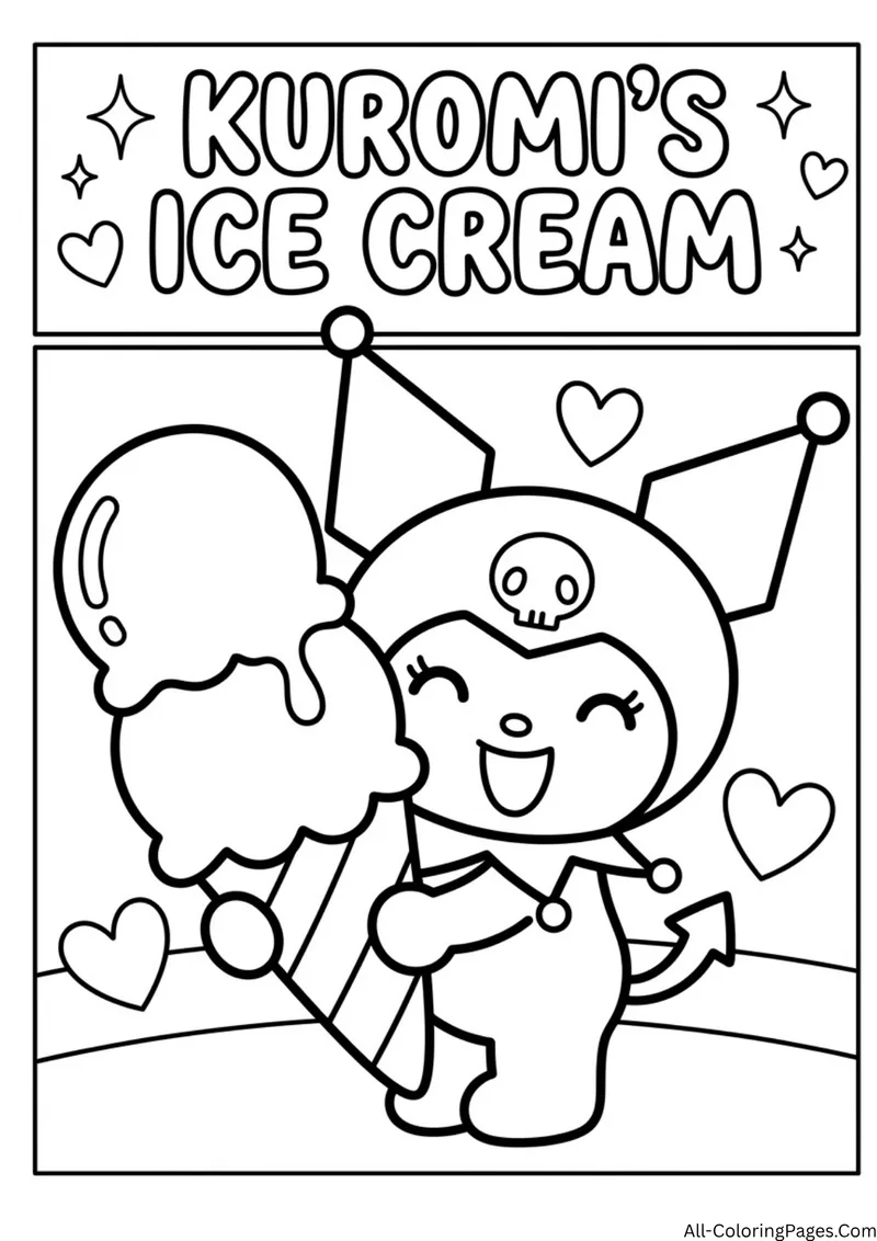 Kuromi holding a large ice cream cone with a scoop on top, with hearts around her