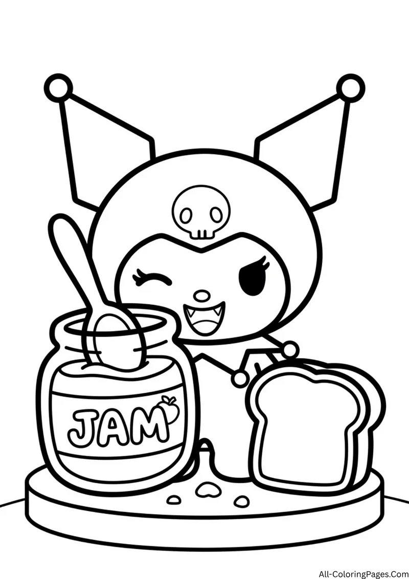Kuromi beside a jar labeled Jam with a spoon and a slice of bread on a round plate