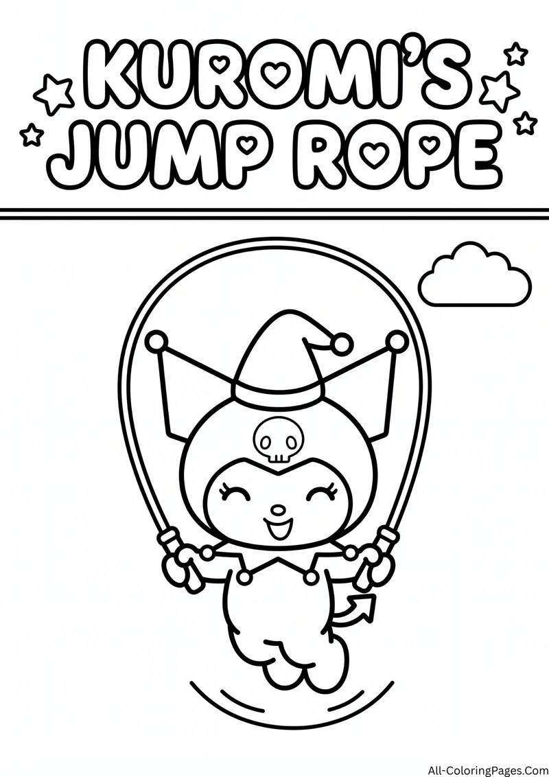Kuromi in a party hat jumping with a jump rope, with a cloud and stars near the title