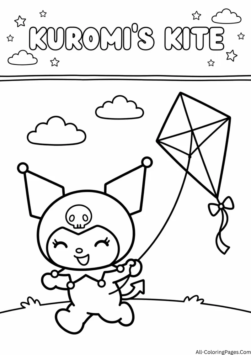 Kuromi running on a hill holding a kite string, with a diamond kite, clouds and stars