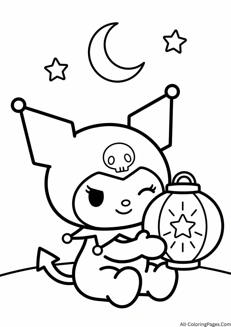Kuromi holding a lantern with a star on it, with a crescent moon and stars above