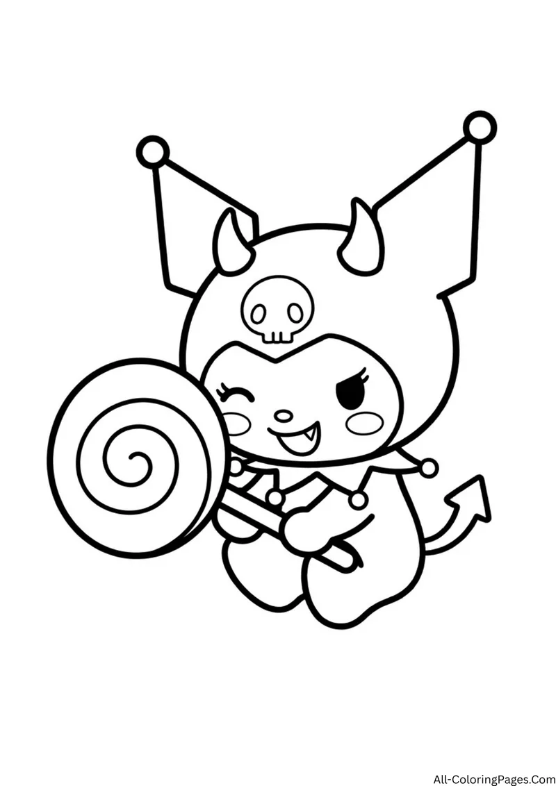 Kuromi with small horns holding a big swirl lollipop and smiling