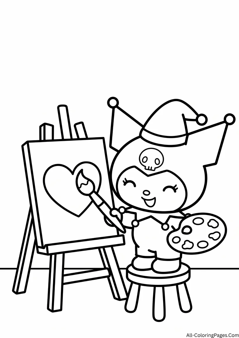 Kuromi in a pointed hat painting a heart on an easel while holding a palette, standing on a stool
