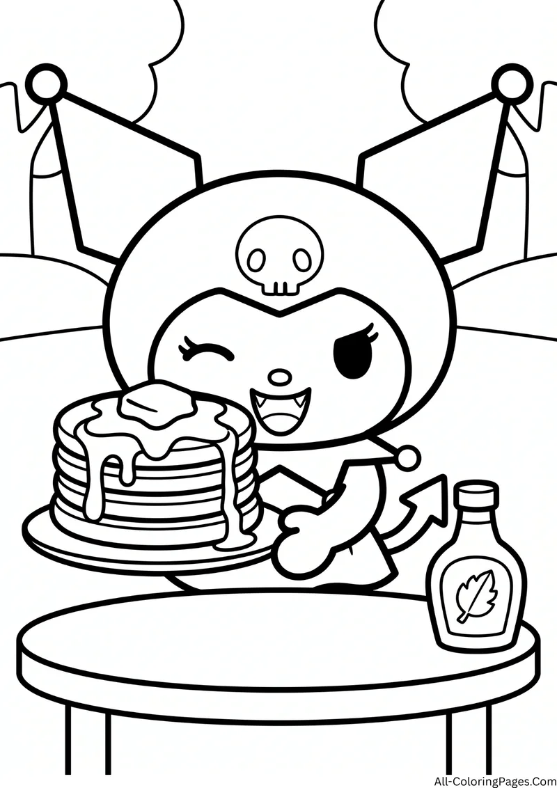 Kuromi with a tall stack of pancakes topped with butter next to a syrup bottle on a round table