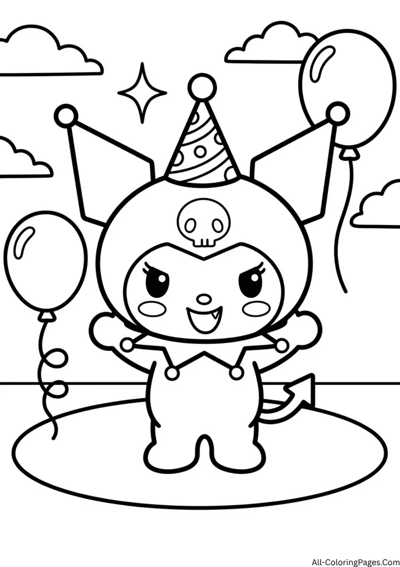 Kuromi in a party hat standing with balloons and clouds around her
