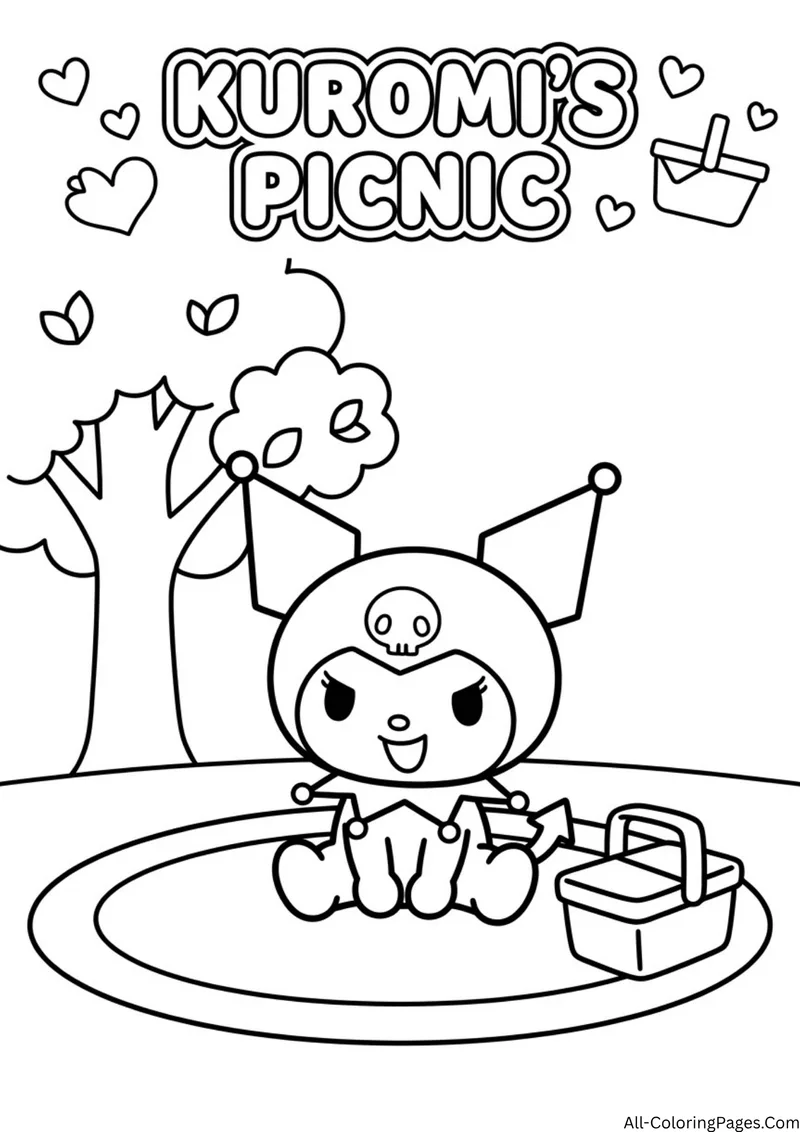 Kuromi sitting on a picnic blanket next to a basket, with a tree, hearts and leaves around the title