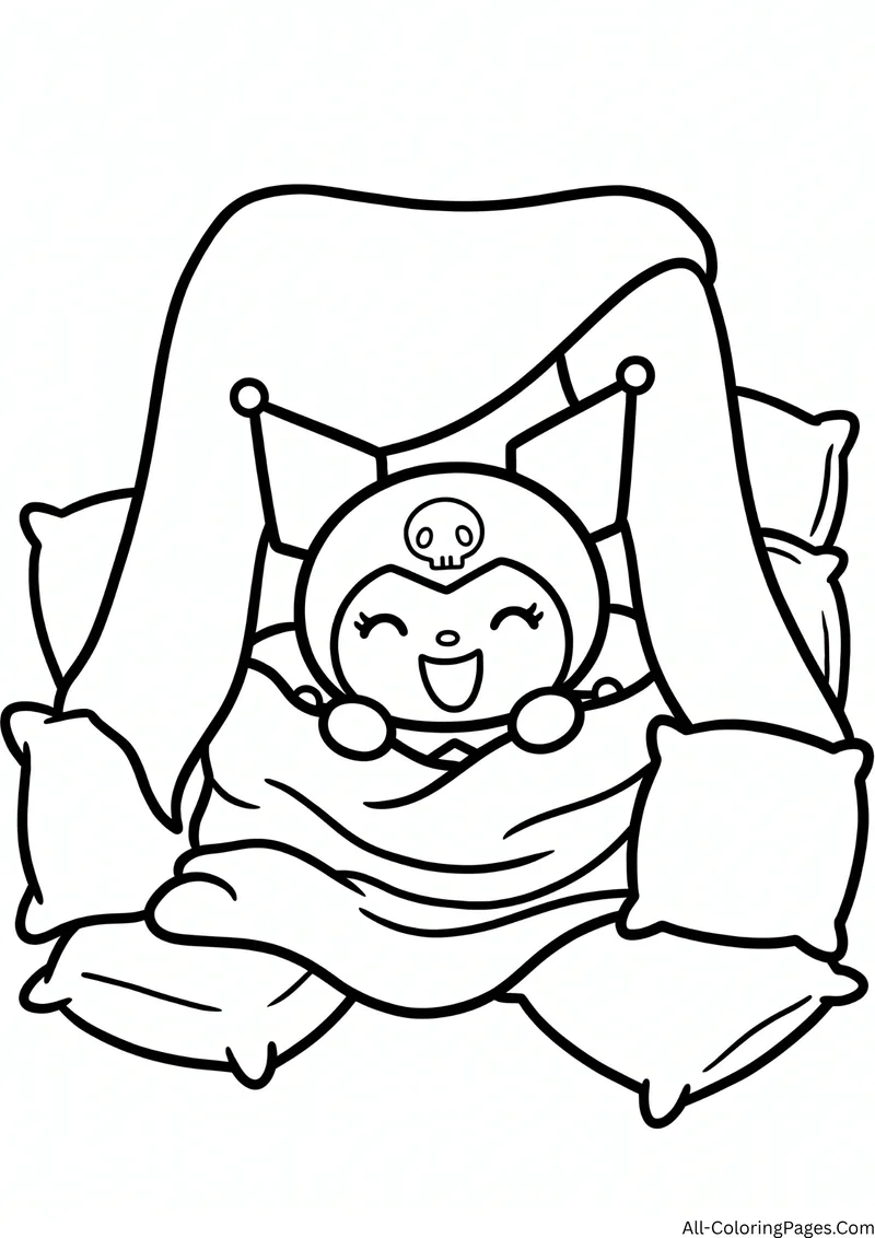 Kuromi smiling inside a fort made of pillows and a draped blanket