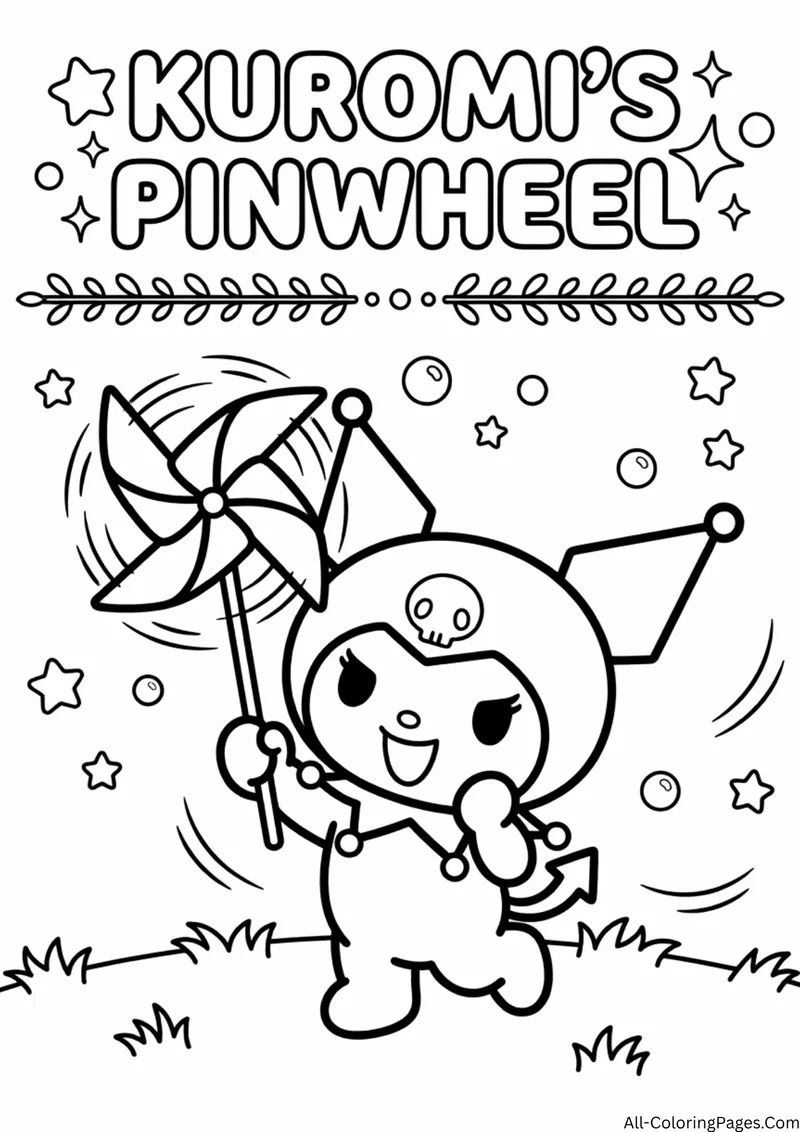 Kuromi holding a pinwheel in the wind, with stars, bubbles and grass around the title