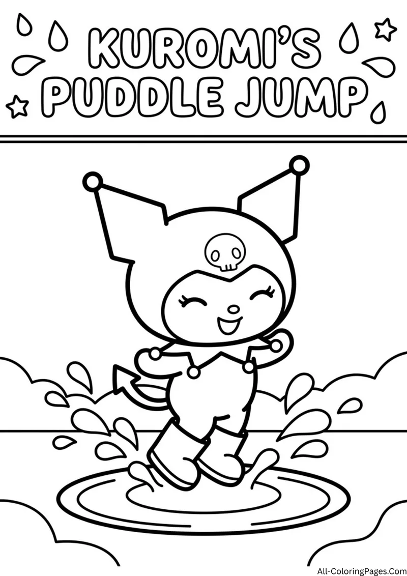 Kuromi in rain boots jumping into a puddle with water splashes, under a title with raindrops