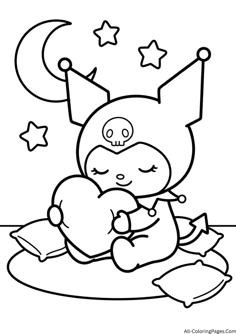 Kuromi sleeping while hugging a heart shaped pillow, with a crescent moon and stars behind her