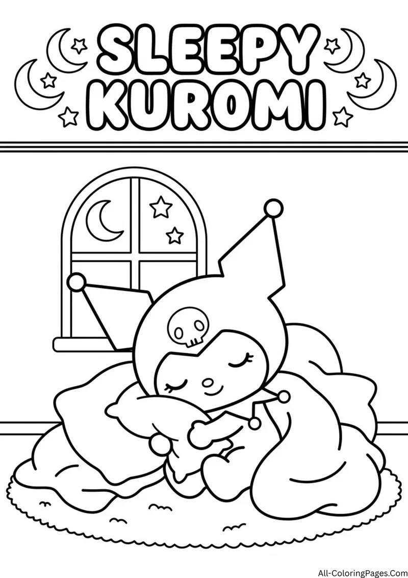 Kuromi sleeping under blankets and pillows beside an arched window with a moon and stars