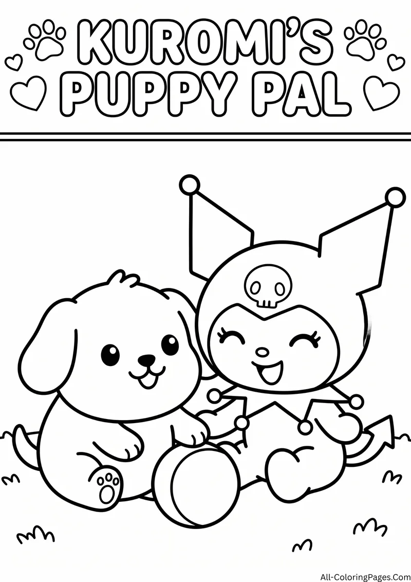 Kuromi sitting next to a fluffy puppy with a ball, with paw prints and hearts around the title