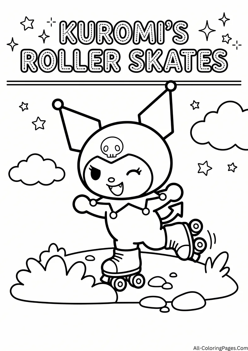 Kuromi roller skating on grass with bushes, clouds and stars around the title Kuromi's Roller Skates