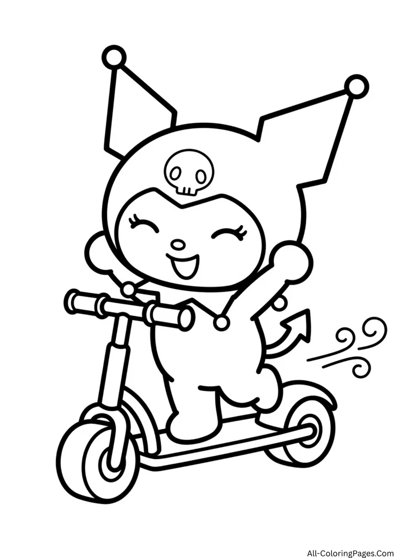 Kuromi riding a scooter with a raised arm, with wind lines and a cloud above