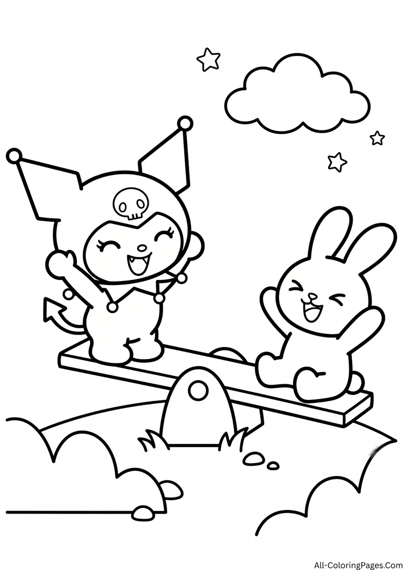Kuromi and a bunny playing on a seesaw on a grassy hill with a cloud and stars