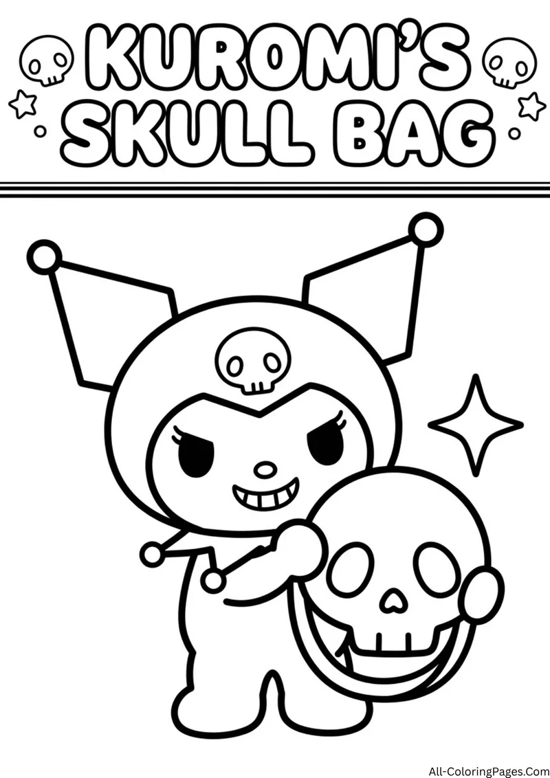 Kuromi smiling and holding a skull shaped bag, with a sparkle and skulls around the title