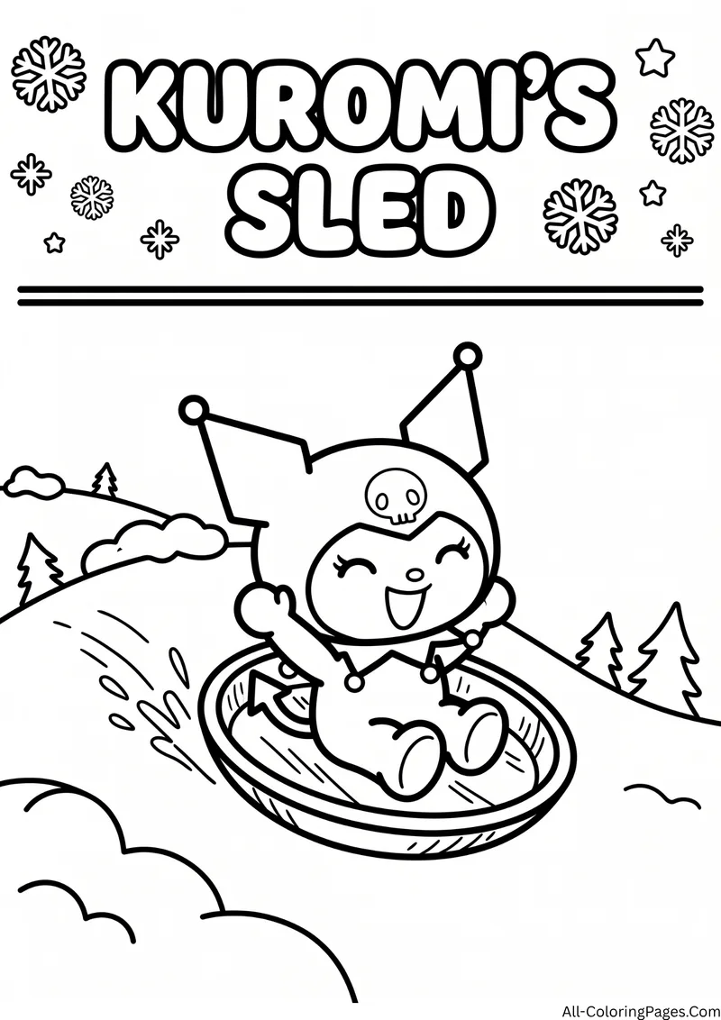 Kuromi sliding down a snowy hill on a round sled with snowflakes and pine trees
