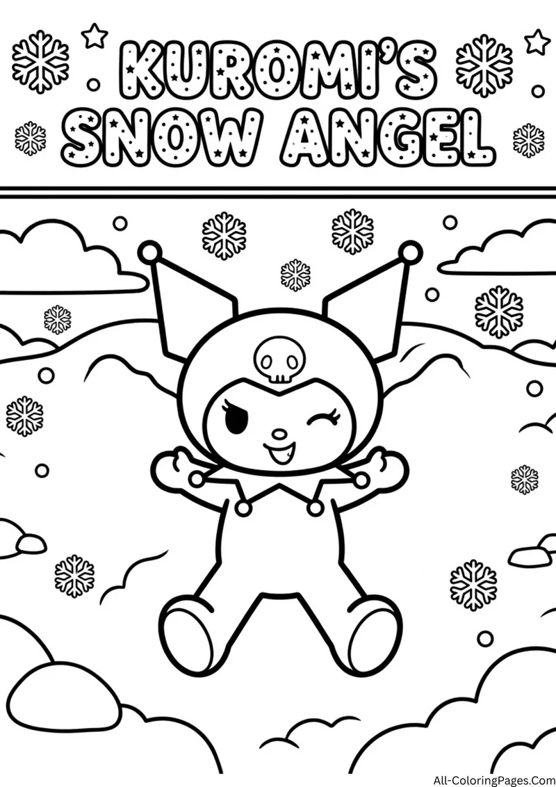 Kuromi spreading her arms and legs to make a snow angel, with snowflakes and snowy hills