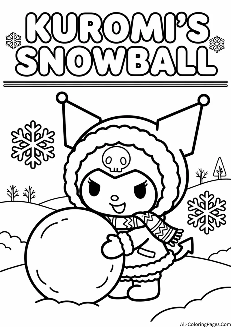 Kuromi in a winter hood and scarf rolling a large snowball, with snowflakes and bare trees