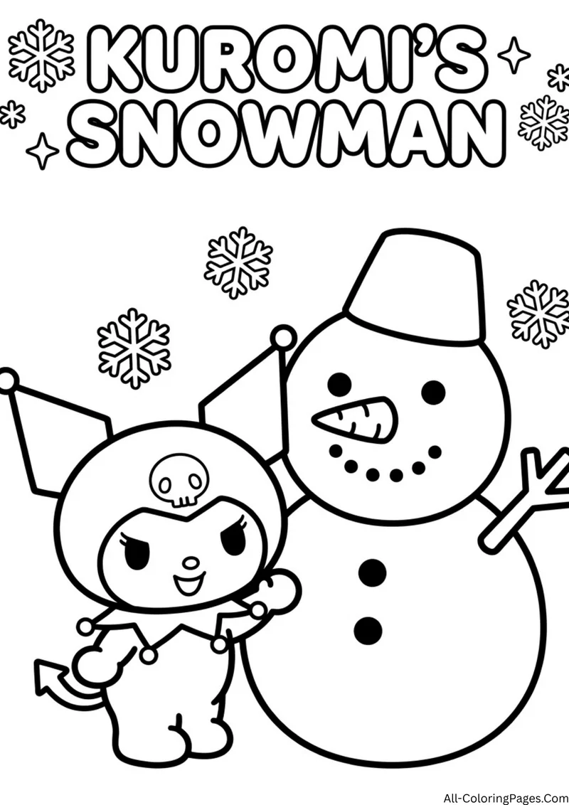 Kuromi next to a snowman with a bucket hat and carrot nose, with snowflakes around the title