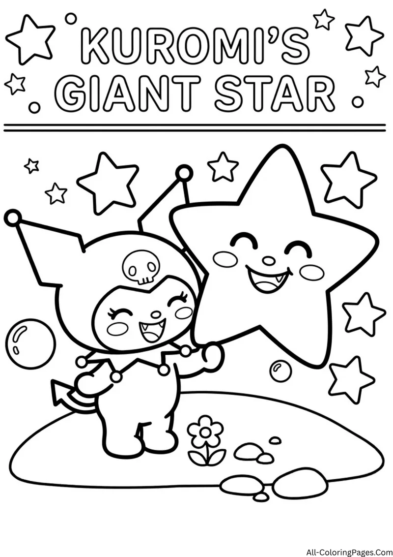 Kuromi beside a large smiling star on a grassy hill with a flower, bubbles and small stars