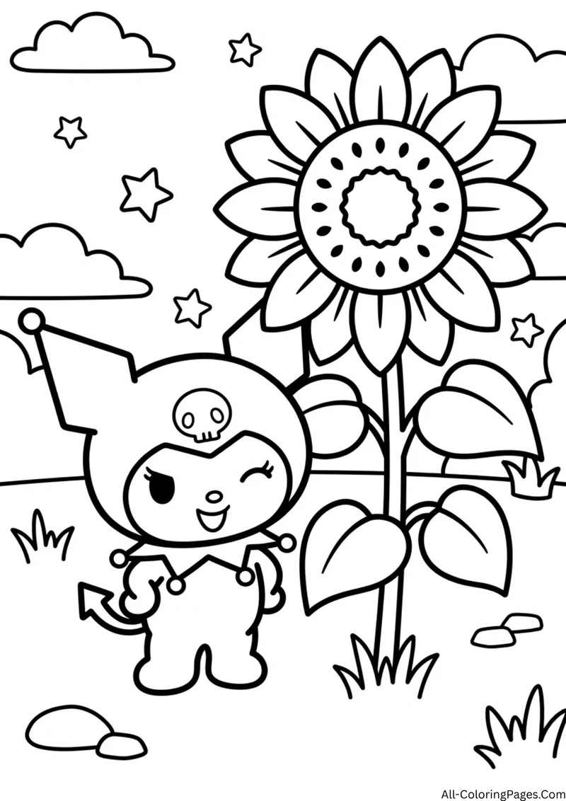 Kuromi winking next to a tall sunflower, with clouds, stars and grass around