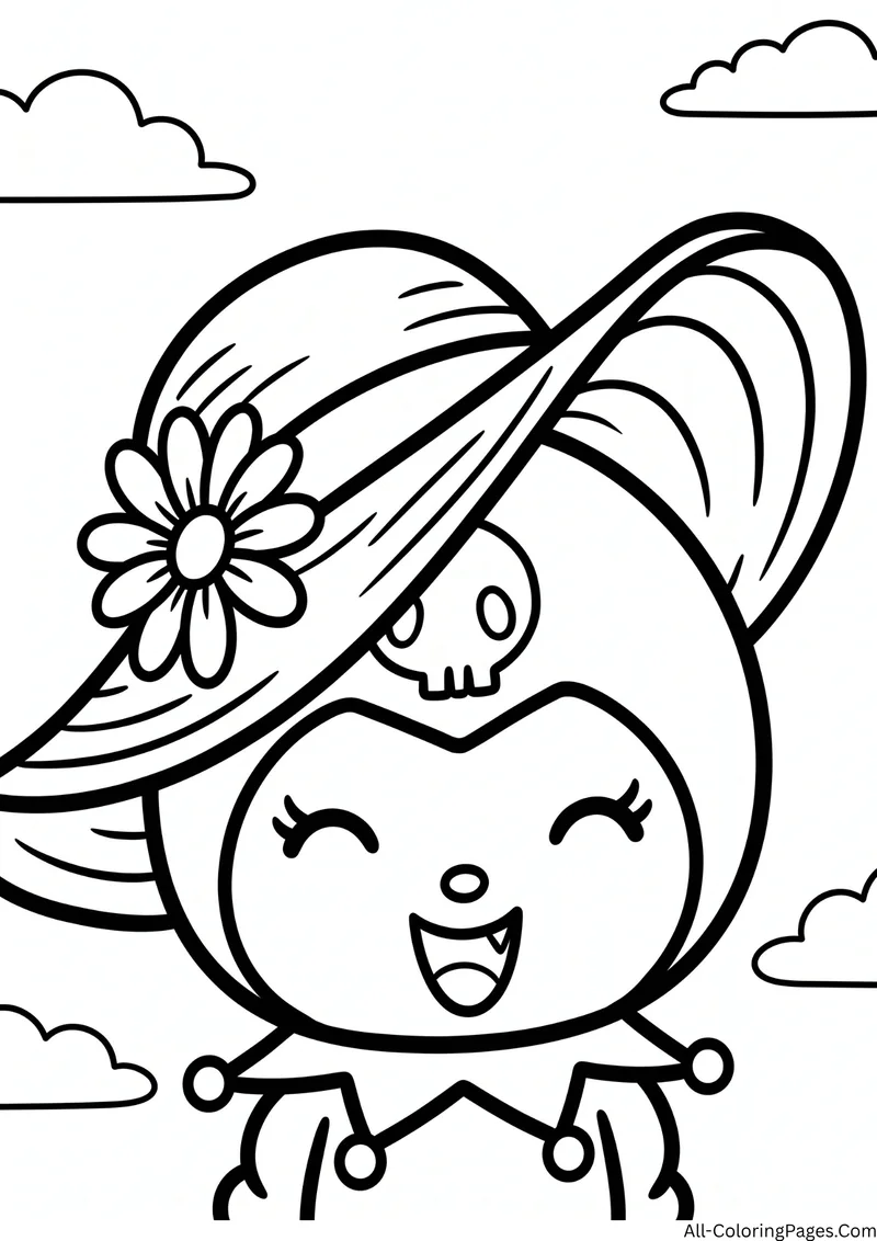 Close up of Kuromi smiling under a wide brimmed sunhat with a daisy on it