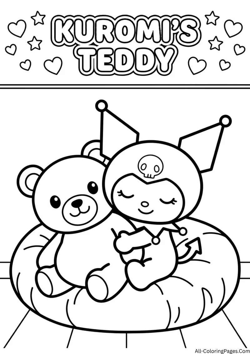 Kuromi sitting with a teddy bear on a round cushion, with hearts, stars and clouds around the title