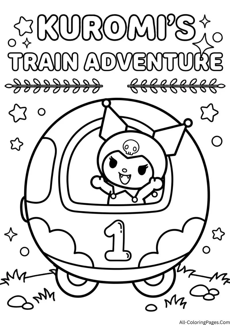 Kuromi looking out the window of a round train car marked with the number one, with stars and grass