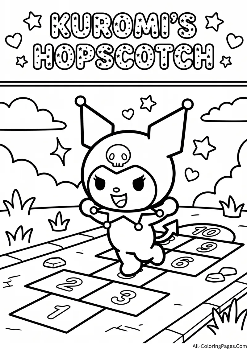 Kuromi hopping across a numbered hopscotch grid with clouds, hearts and sparkles around the title