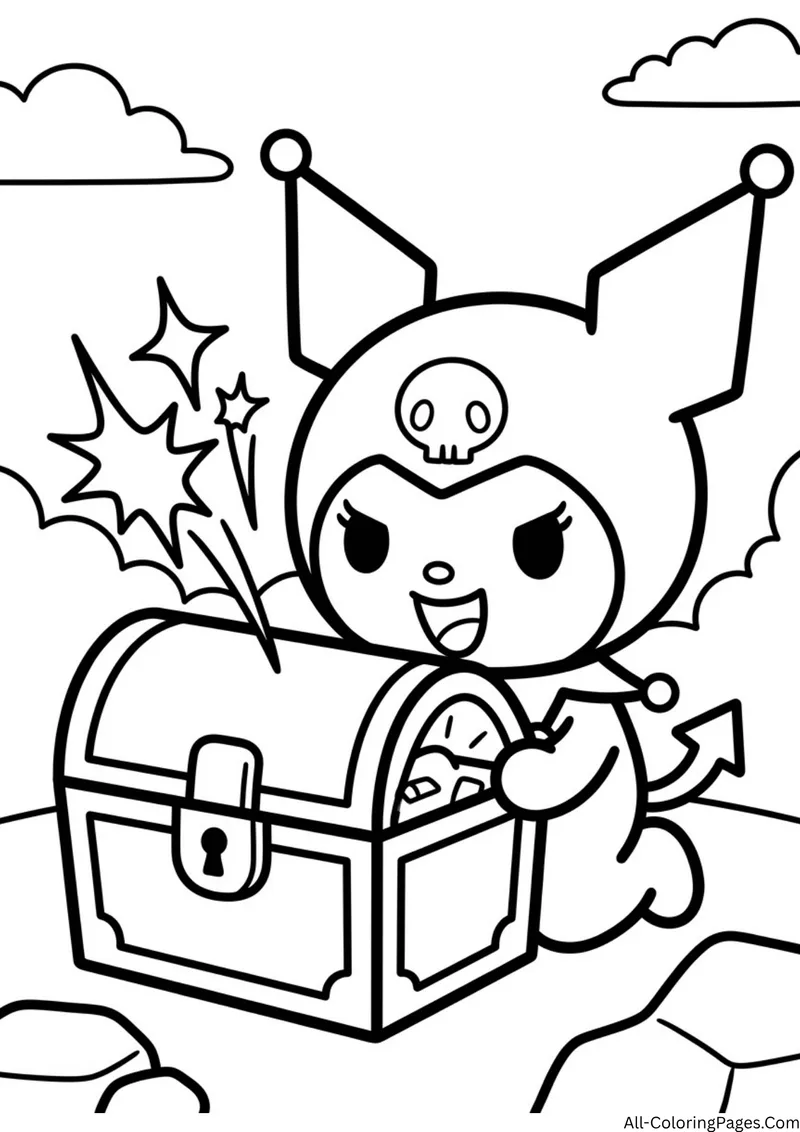 Kuromi opening a locked treasure chest with sparkles and a rock beside it