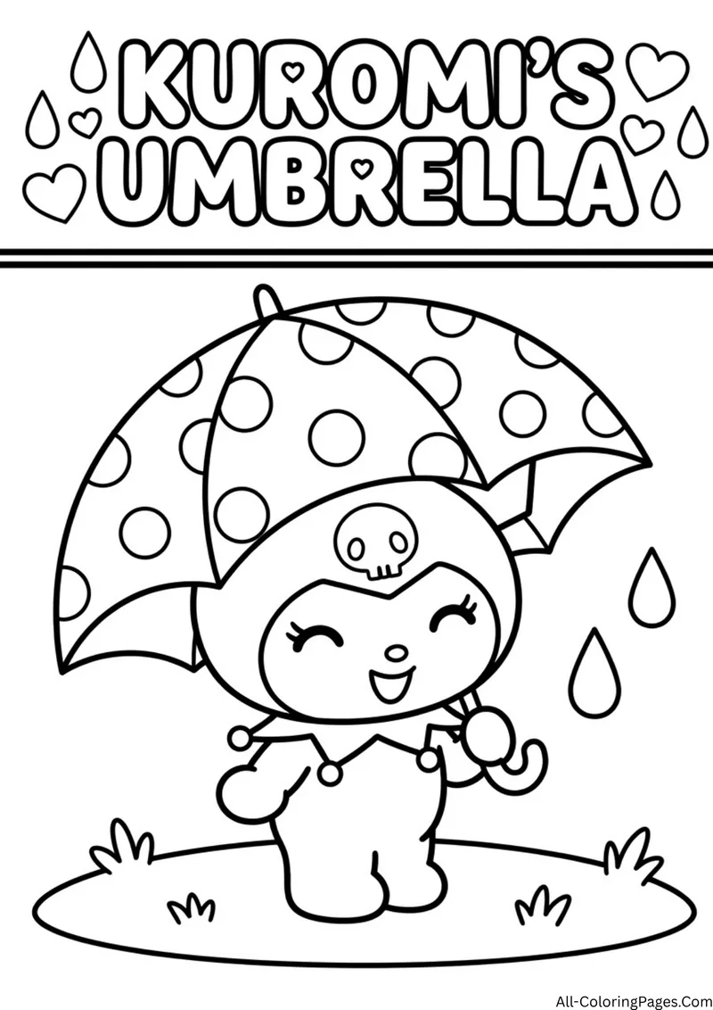 Kuromi holding a polka dot umbrella in the rain, with raindrops and hearts around the title