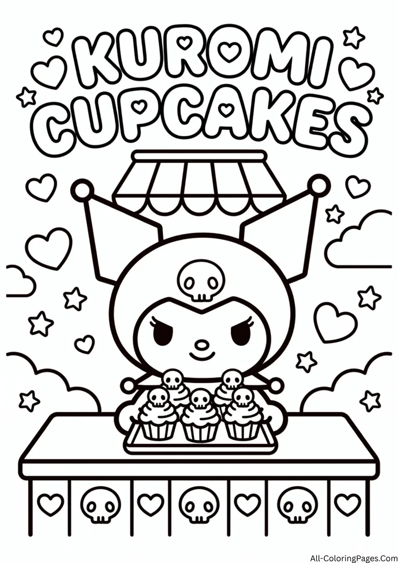 Kuromi behind a cupcake stand with a striped awning and skull decorated cupcakes, with hearts and stars