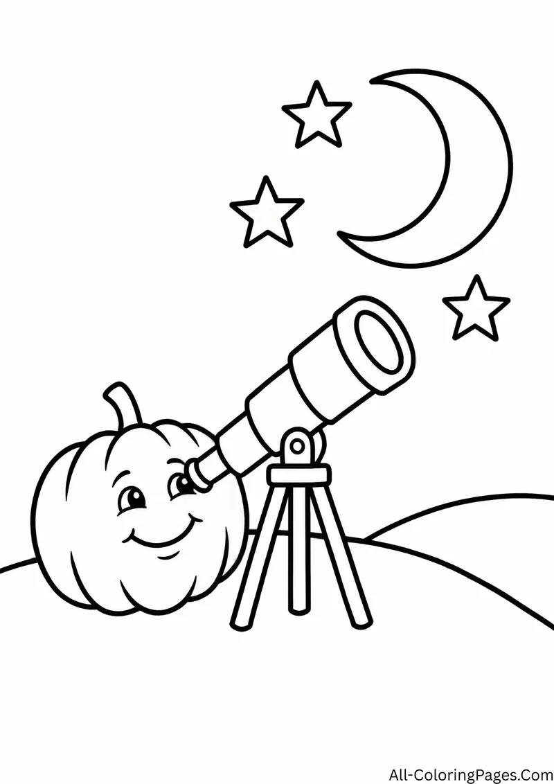 Smiling pumpkin looking through a telescope on a hill, with a crescent moon and stars in the sky