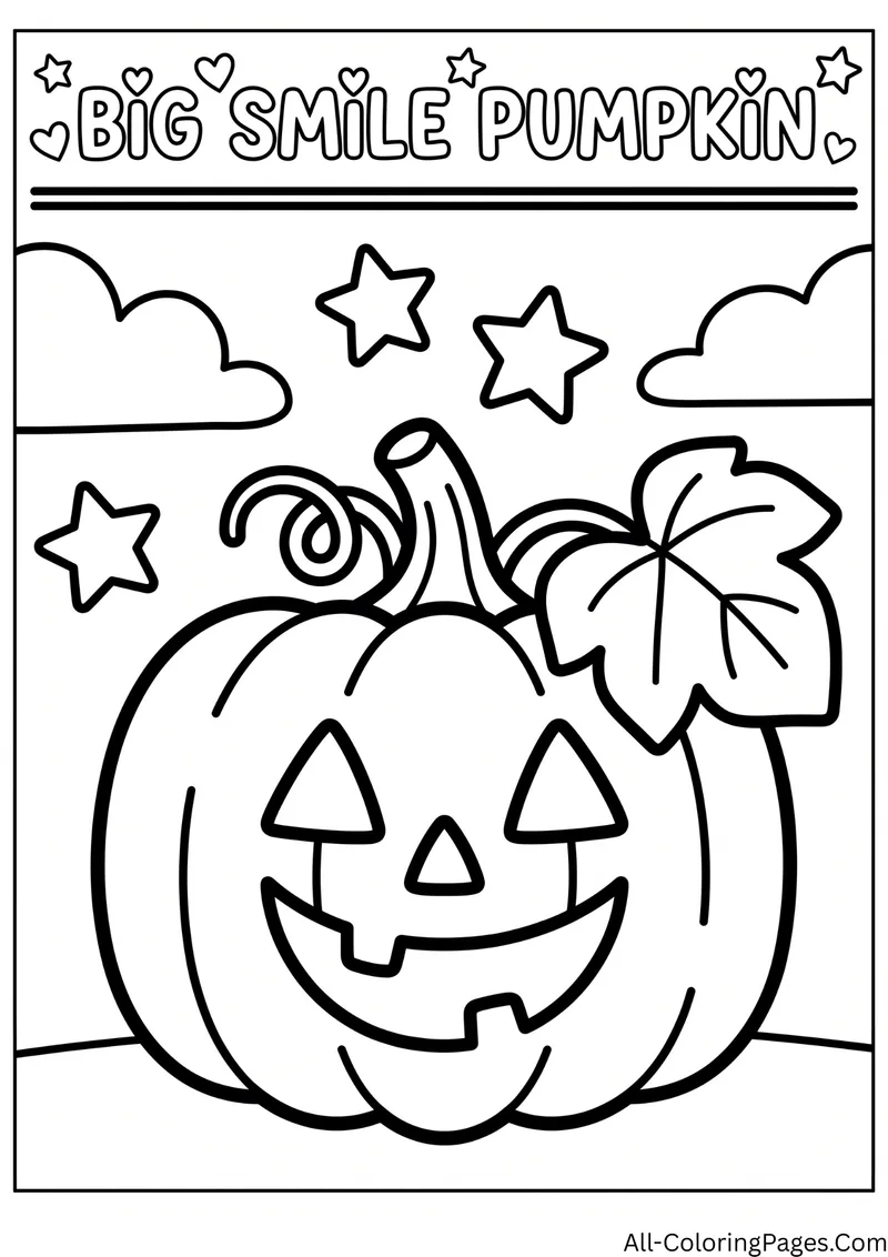 Carved jack o lantern pumpkin with a wide grin, a curly vine and a leaf, framed by clouds and stars