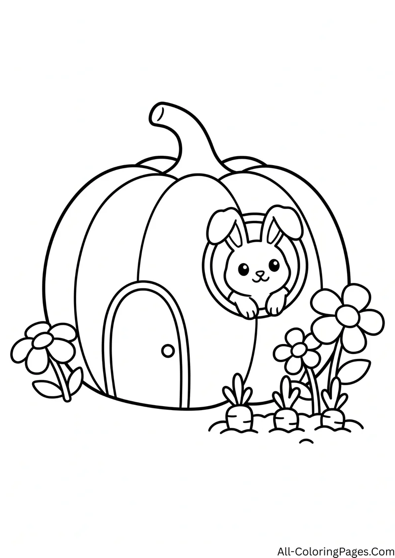 Bunny looking out of a window in a giant pumpkin house with a round door, flowers and carrots