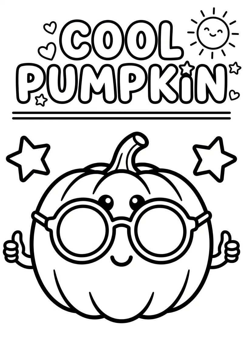 Pumpkin wearing big round glasses and giving two thumbs up, with stars, hearts and a sun